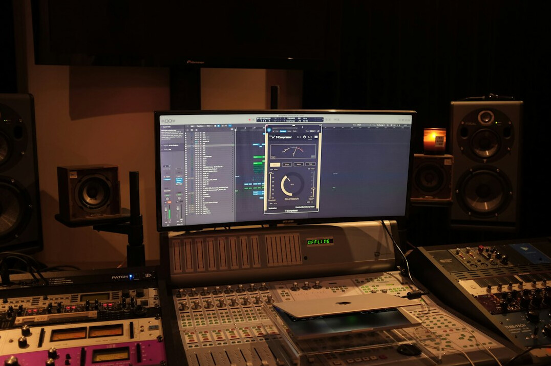 Broadcast control room with multiple video monitors