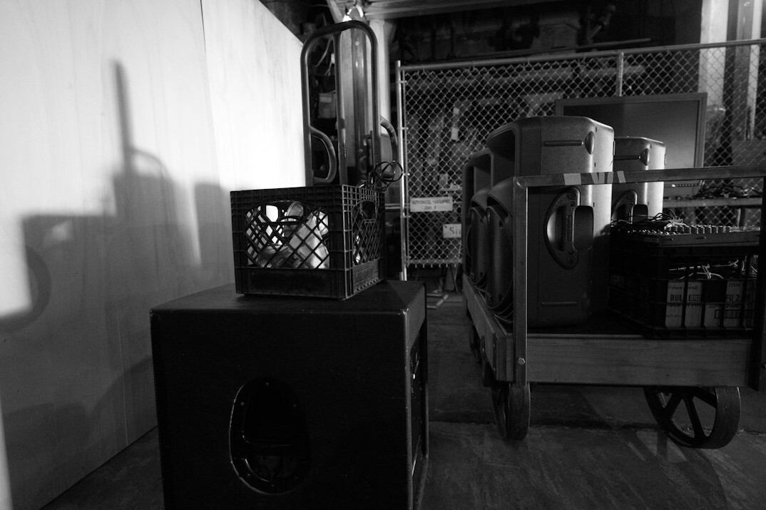 Studio lighting rig above a television set